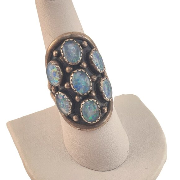 Navajo Nakai Opal Cluster Ring Size 8 Sterling Silver Signed Native American, Fi - Picture 2 of 8